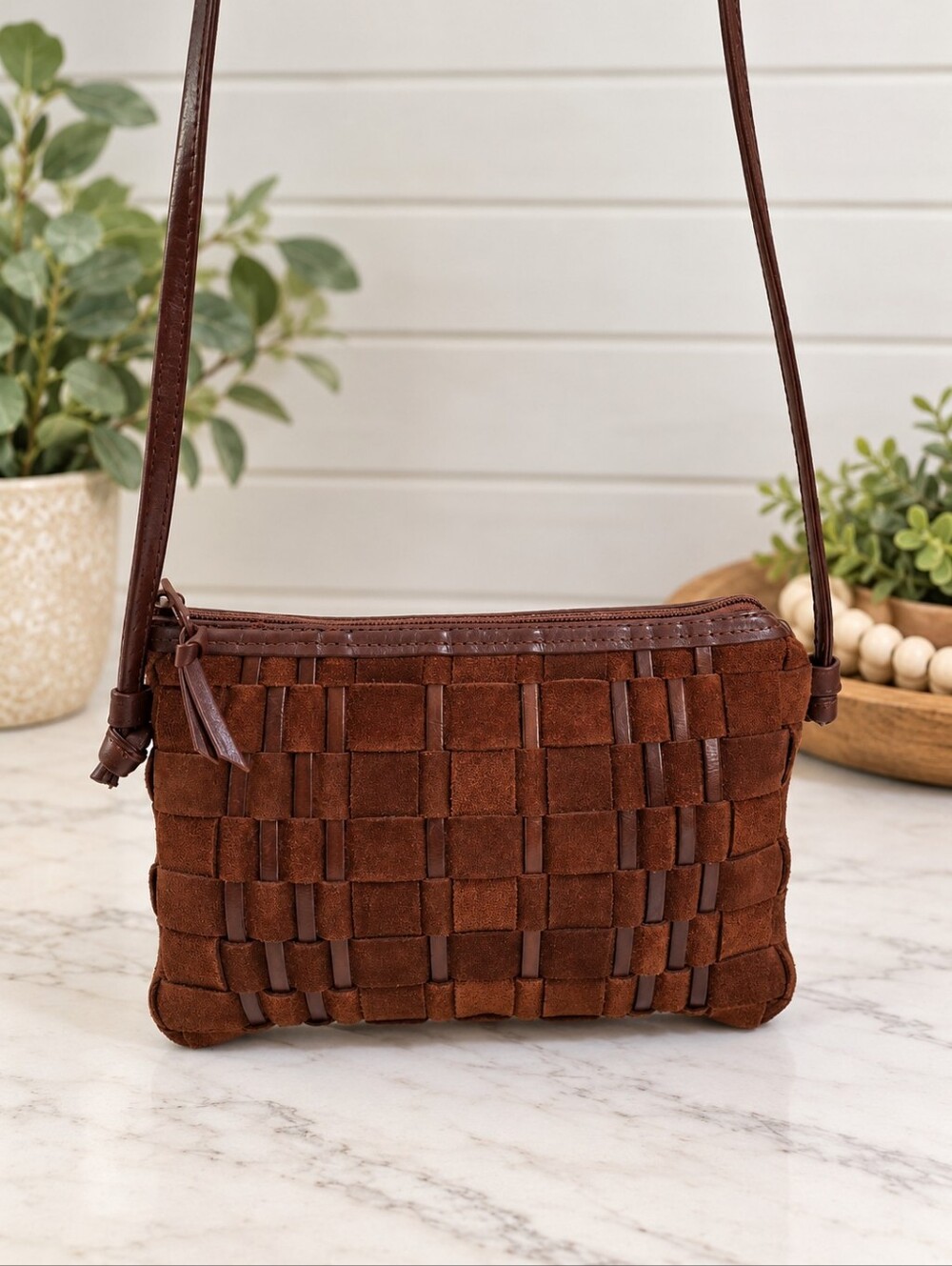 Woven Brown Suede Vintage Leather Crossbody Bag LJS Collection EUC